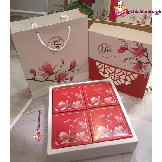 Hộp Trung Thu Mẫu Giấy Đỏ Trắng Cành Đào