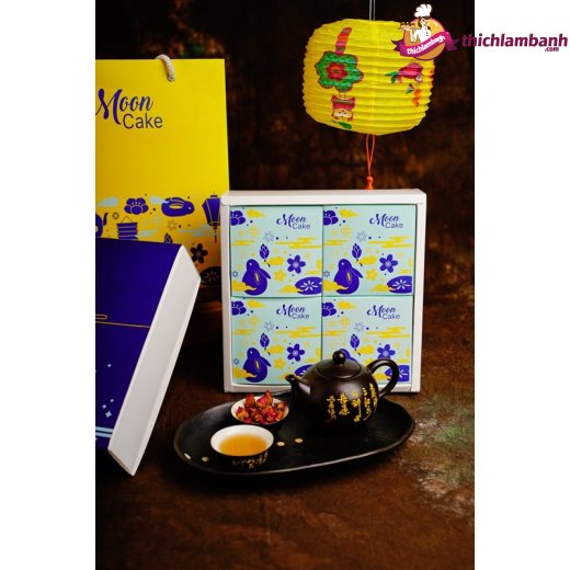 Bộ hộp trung thu 4 bánh hình thỏ xanh vàng đựng bánh từ 200 đến 250g