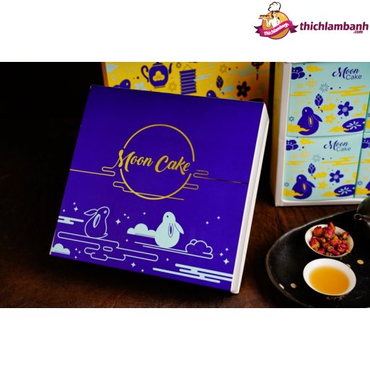 Bộ hộp trung thu 4 bánh hình thỏ xanh vàng đựng bánh từ 200 đến 250g