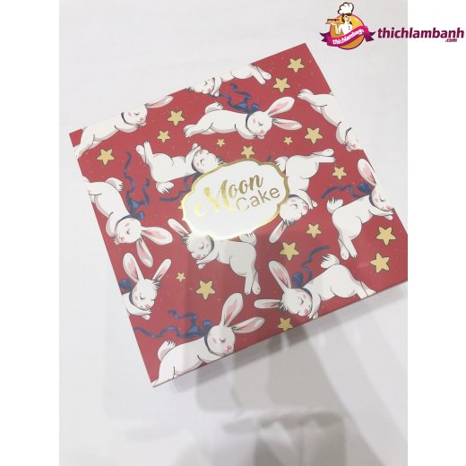 Bộ hộp trung thu 4 bánh hình thỏ đỏ đậm đựng bánh từ 200 đến 250g