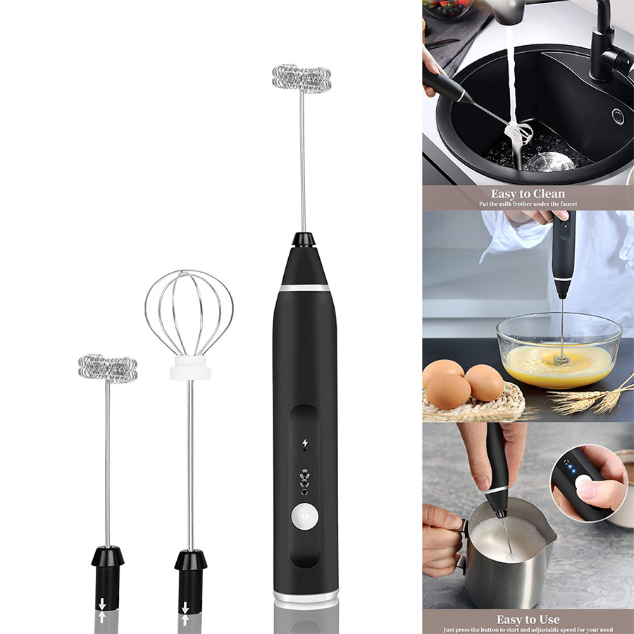 Máy tạo bọt sữa sạc usb 2 loại đầu khuấy cafe và đánh trứng