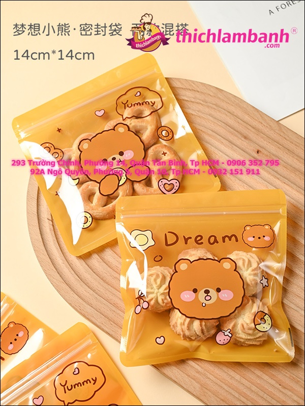 Túi zip gấu nâu 14x14 cm