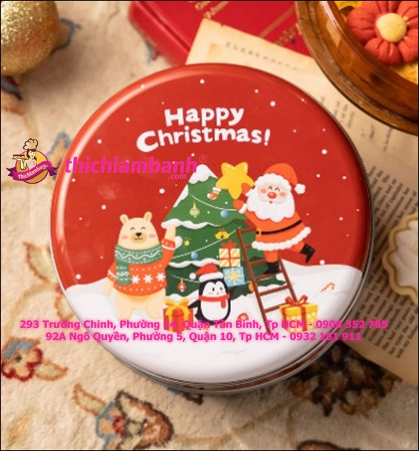 Hộp thiếc tròn Giáng sinh happy